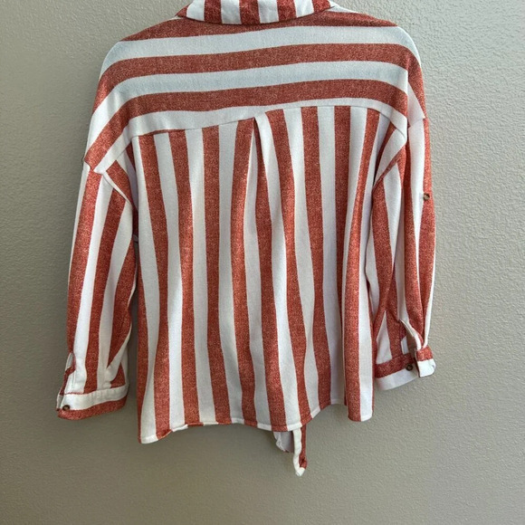 Eden & Olivia Orange White Vertical Stripe Womens Button-Up Tie-Front Shirt - Picture 4 of 5